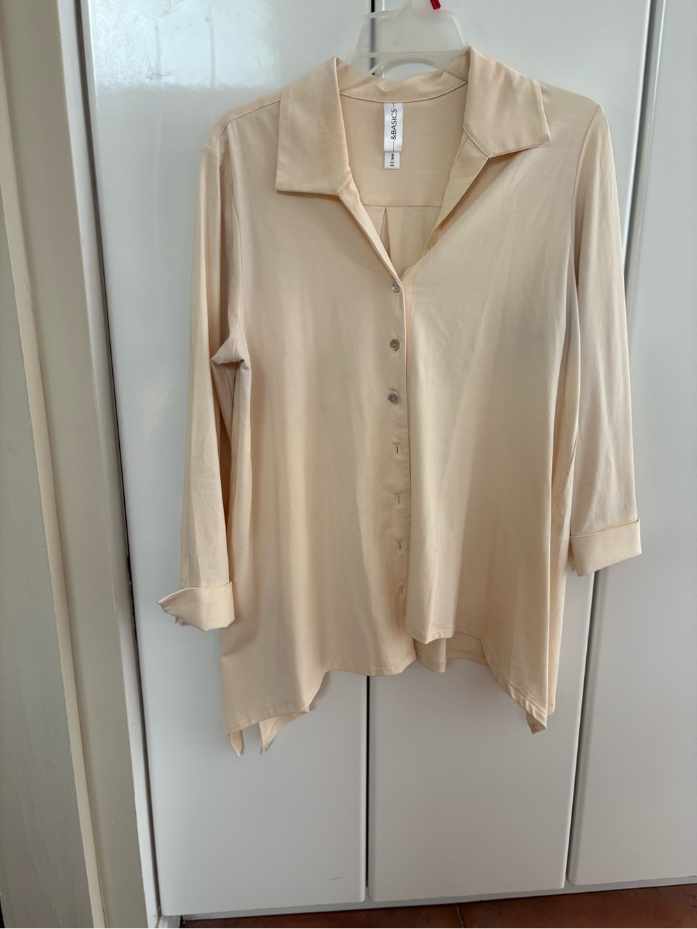 Silky Button-Front Collared Top - Cream loose fit